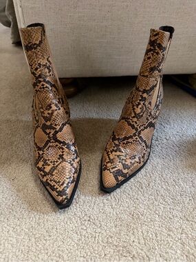 Women’s RAID Tan Snake-Print Pointed Toe Ankle Boots